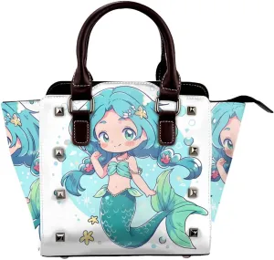 Leather Shoulder Bag for Women, Ocean Cartoon Mermaid Studded Purse Sea Fish Scale Crossbody Handbags Punk Hobo Bag with Adjustable Strap