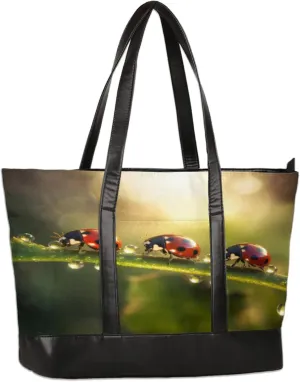 Leaves Watercolor Ladybird Raindrops Laptop Tote Bag for Women Lightweight Work Purse with Multiple Compartments Fits 13-15.6 Inch Laptop Tablet Shoulder Bag for Office Travel Daily Use
