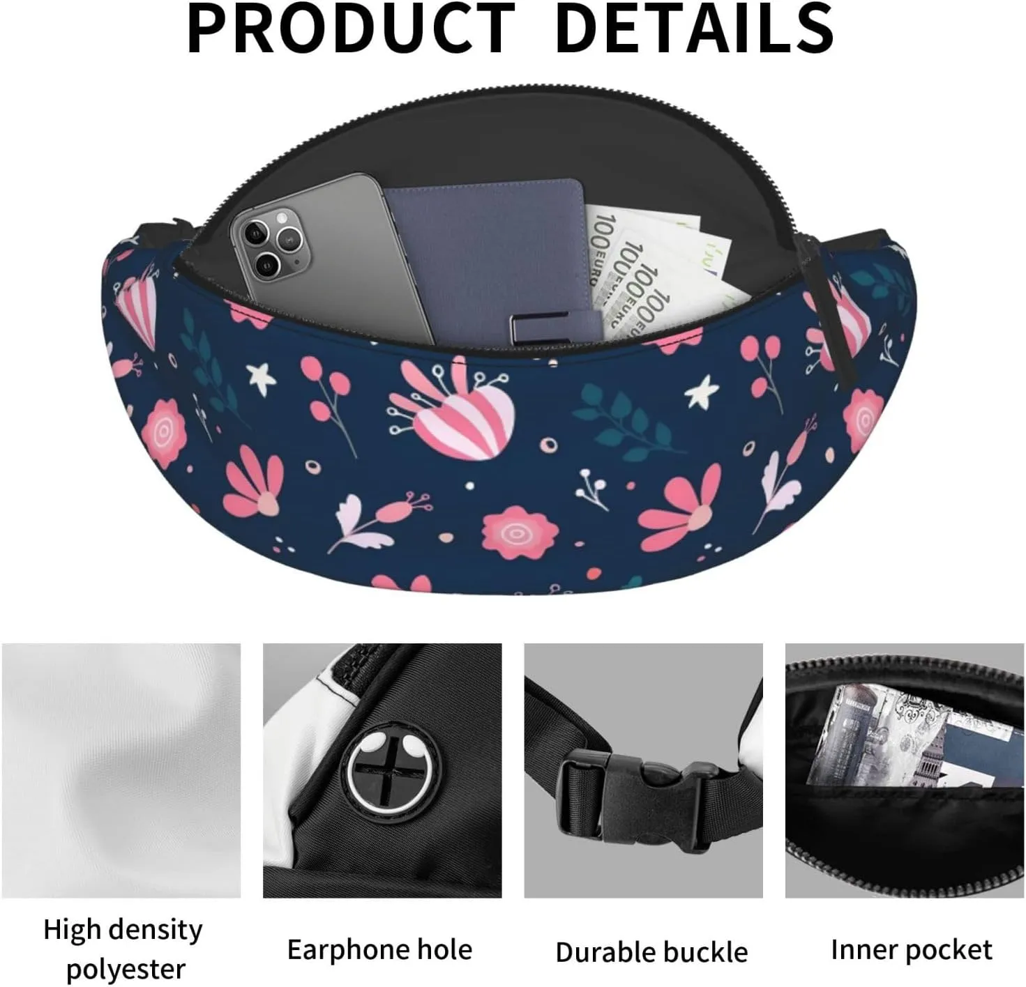 Leisure Sports Crossbody Bag Running Casual Hands-Free Wallets Waist Pack for Man Woman Father's Day for Dad Pink Little Flowers