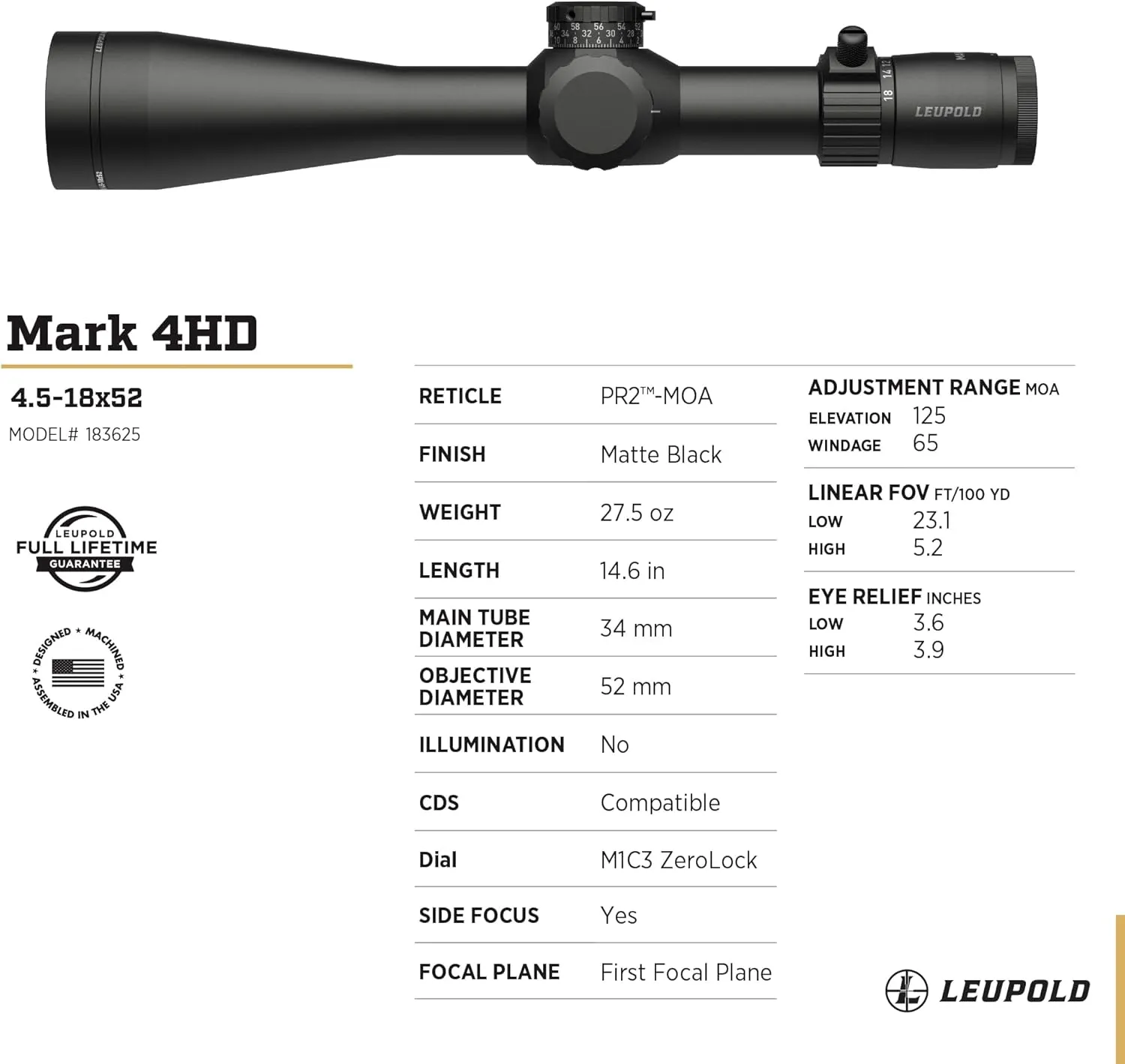 Leupold Mark 4HD 4.5-18x52 (34mm) Riflescope