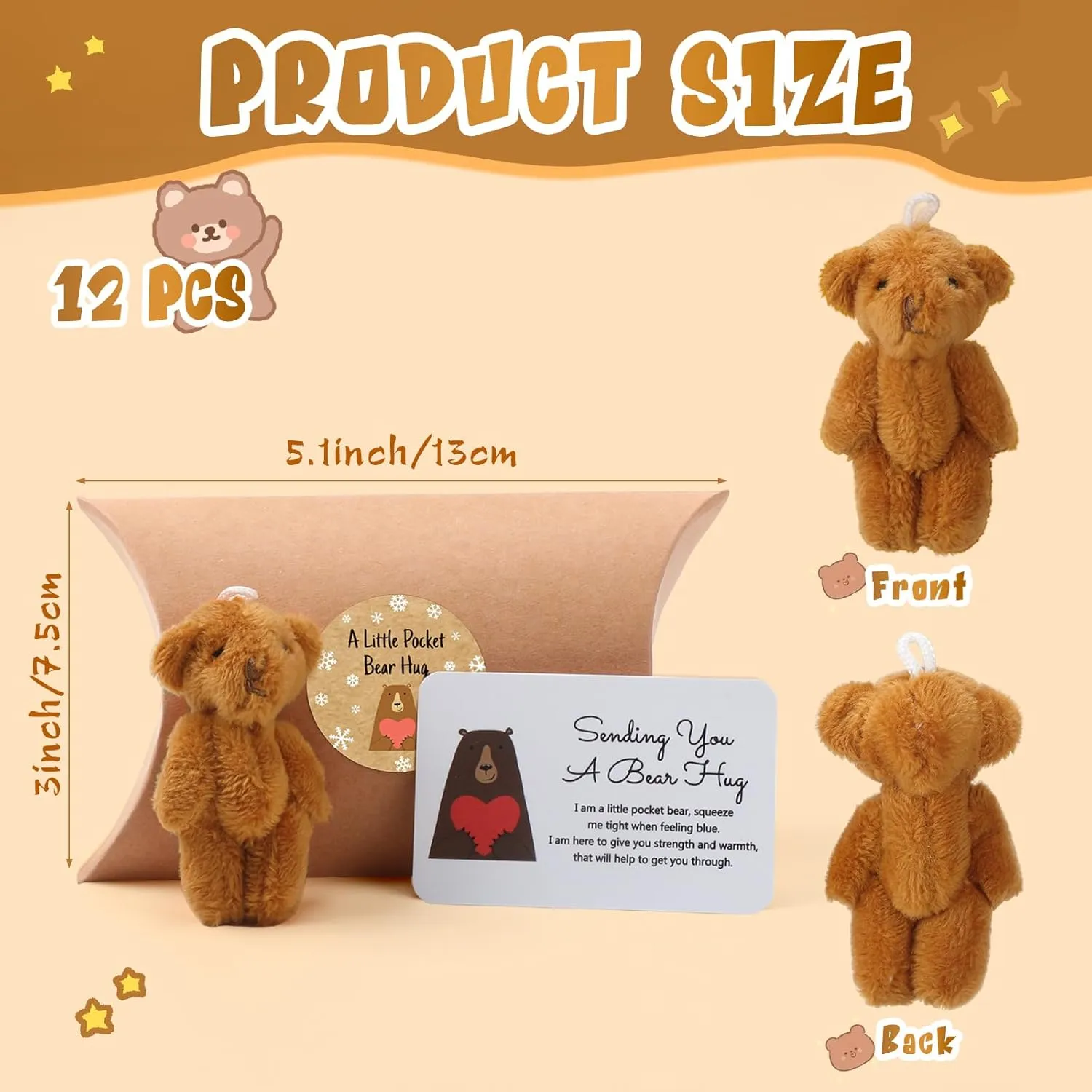 Libima 12 Sets Little Pocket Bear Hug Bulk Cute Pocket Hug Stuffed Animals Pillow Boxes with Heart Shaped Blank Tag for Your Loved One Valentine‘s Day Birthday Wedding(Brown)