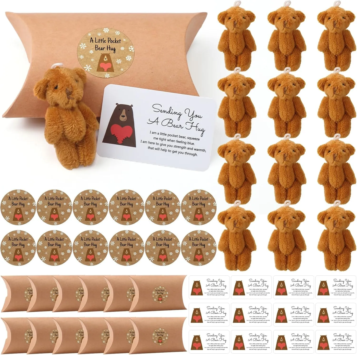 Libima 12 Sets Little Pocket Bear Hug Bulk Cute Pocket Hug Stuffed Animals Pillow Boxes with Heart Shaped Blank Tag for Your Loved One Valentine‘s Day Birthday Wedding(Brown)