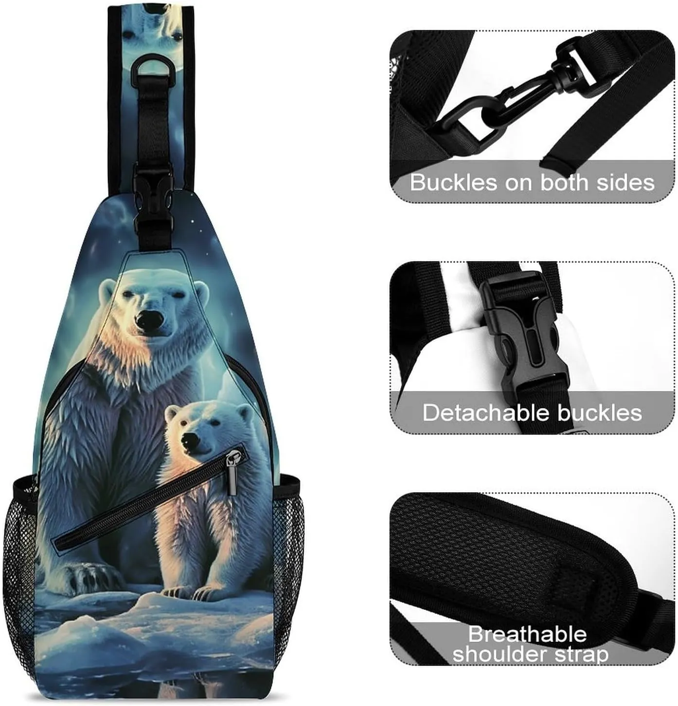 Lightweight Chest Bag Crossbody Bag Polar Bears Northern Lights Sling Backpack for Women Men Sports Travel