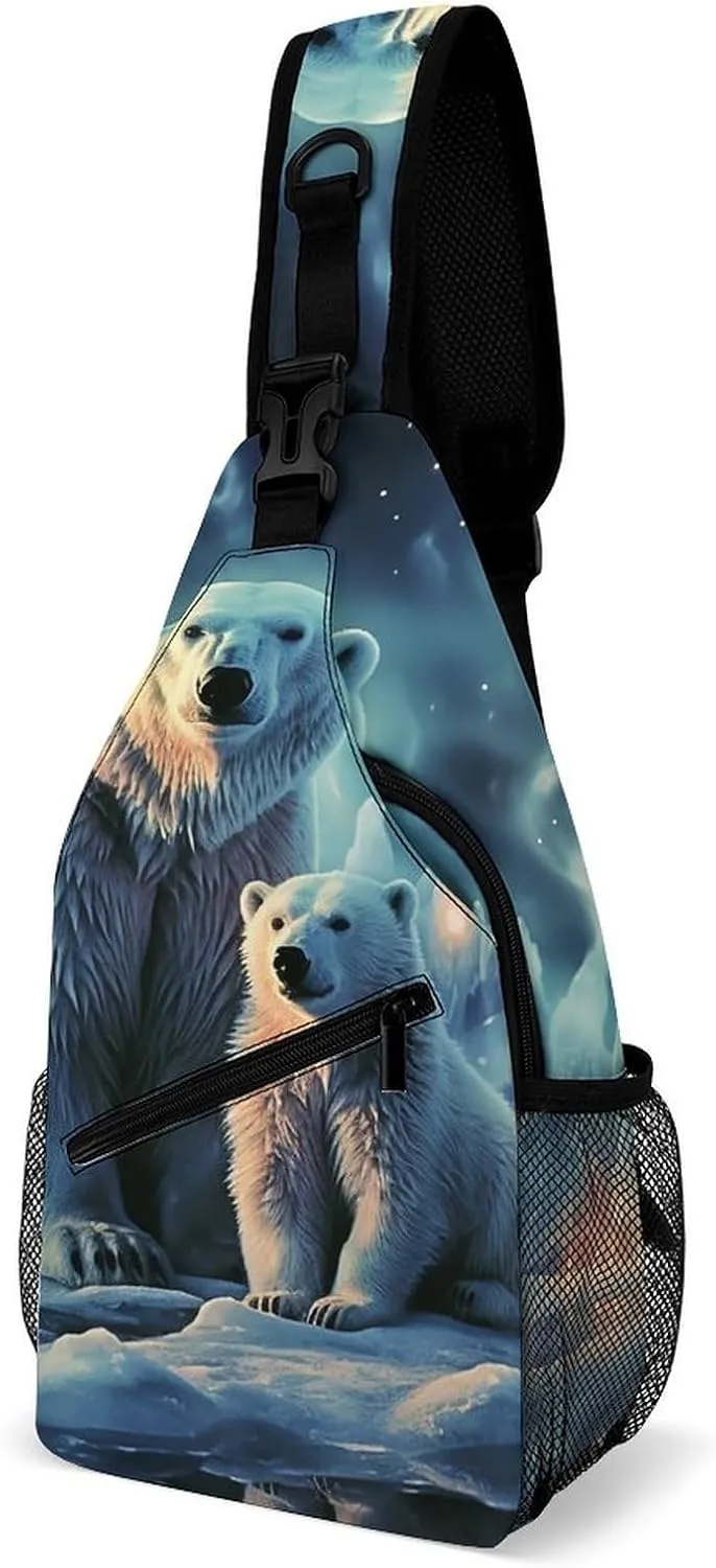 Lightweight Chest Bag Crossbody Bag Polar Bears Northern Lights Sling Backpack for Women Men Sports Travel