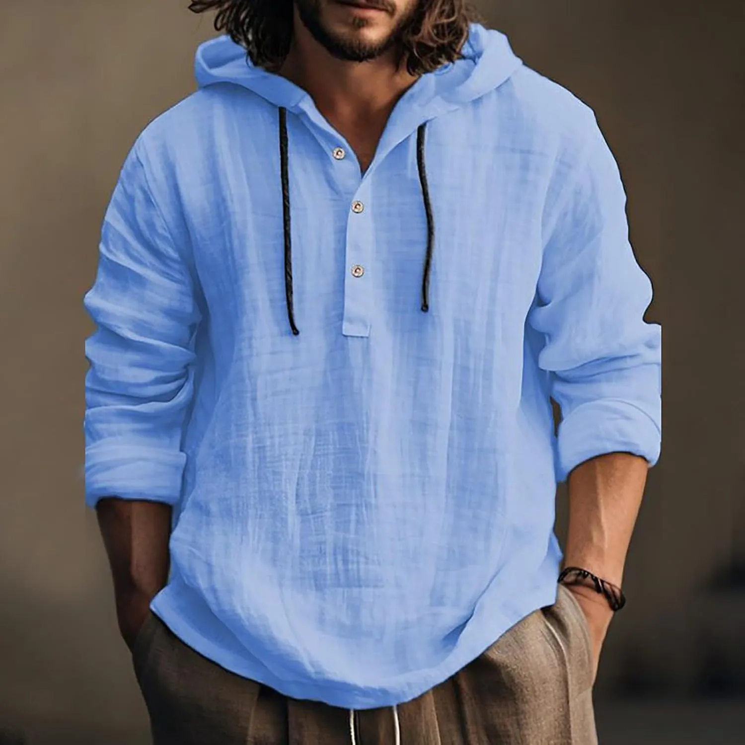 Linen Shirts for Men Lightweight Hoodie Casual Long Sleeve Loose Fit Breathable Sports Button Big Tall Party Tops