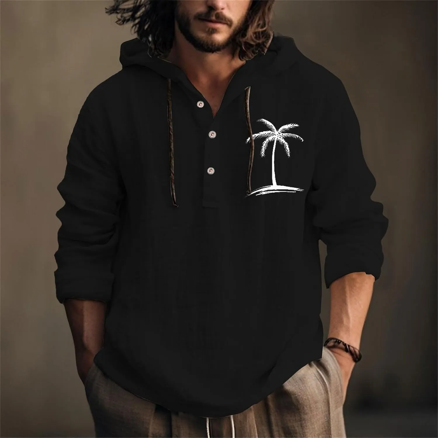Linen Shirts for Men Lightweight Hoodie Casual Long Sleeve Loose Fit Breathable Sports Button Big Tall Party Tops