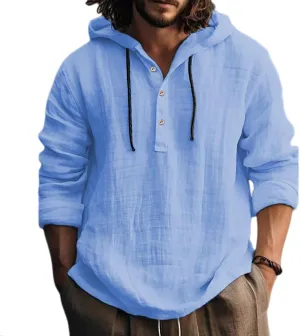 Linen Shirts for Men Lightweight Hoodie Casual Long Sleeve Loose Fit Breathable Sports Button Big Tall Party Tops
