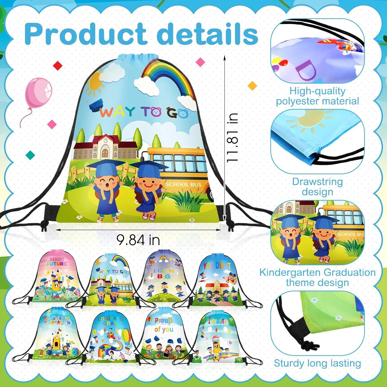Locmeo 24 Pcs Graduation Drawstring Bags Congrats Grad Gift Bags Backpack Graduation Party Favors Backpacks for Girls Boys Congratulations Decorations, 8 Designs