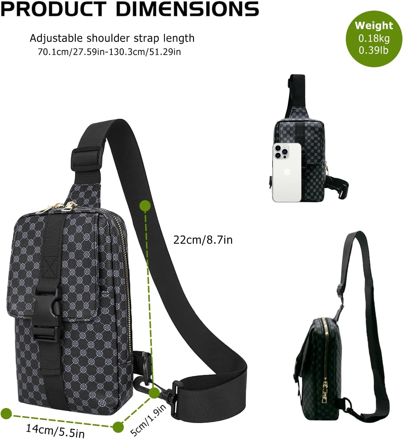 Long Keeper Crossbody Sling Bag for Women Men Small PU Leather Phone Chest Bag Travel Running Cycling Casual Daypack (Black)
