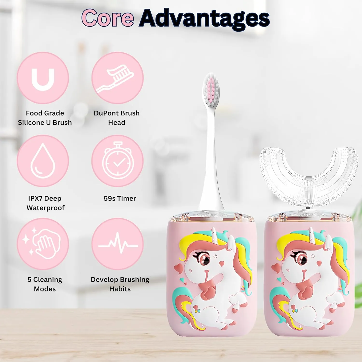 LOOT Kids U Shaped Electric Toothbrush with 4 Brush Heads, 6 Cleaning Modes, 60s Smart Reminder, Kids Electric Toothbrush with IPX7 Waterproof, Cartoon Unicorn 360-Degree Cleaning Design (Pink, 2-6)