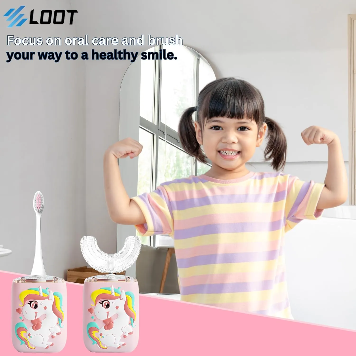 LOOT Kids U Shaped Electric Toothbrush with 4 Brush Heads, 6 Cleaning Modes, 60s Smart Reminder, Kids Electric Toothbrush with IPX7 Waterproof, Cartoon Unicorn 360-Degree Cleaning Design (Pink, 2-6)