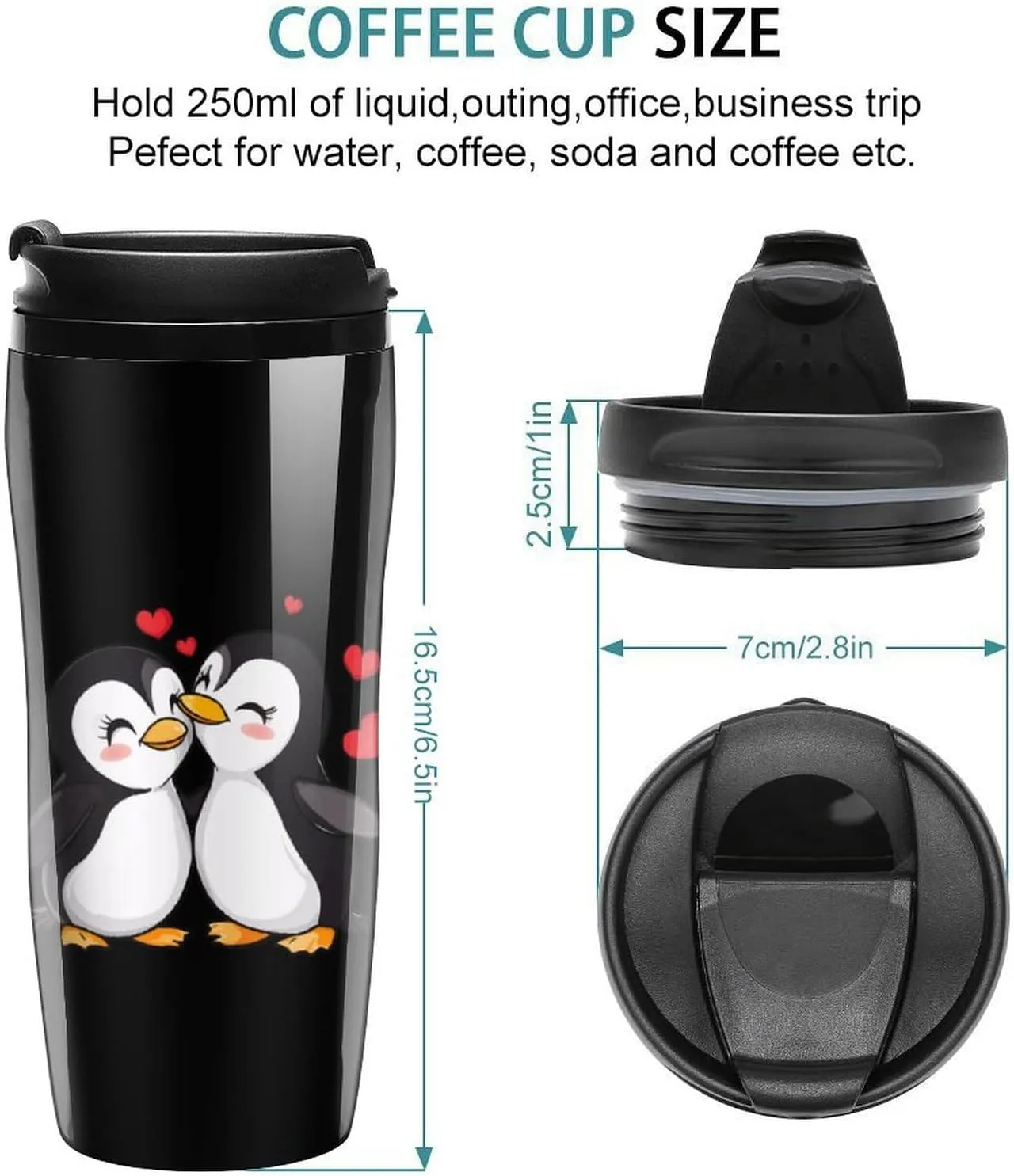 Love Cute Animal Penguins Coffee Mug with Lid Portable Tumbler Water Bottle for Travel Business 350ml