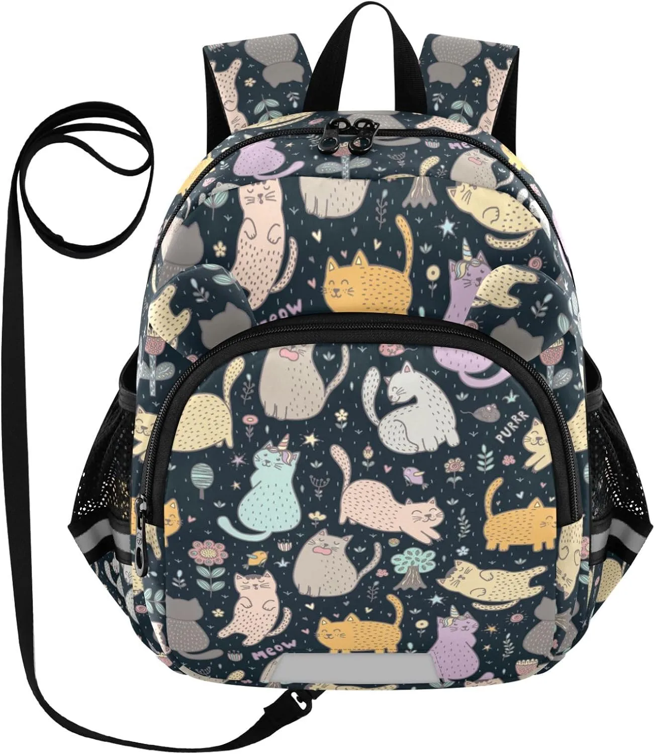 Lovely Cats Preschool Backpack Flowers Plants Daycare Bookbag School Backpack with Traction Rope for Kids 3-6