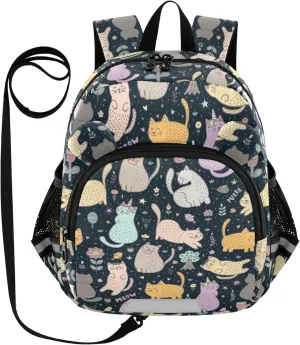 Lovely Cats Preschool Backpack Flowers Plants Daycare Bookbag School Backpack with Traction Rope for Kids 3-6