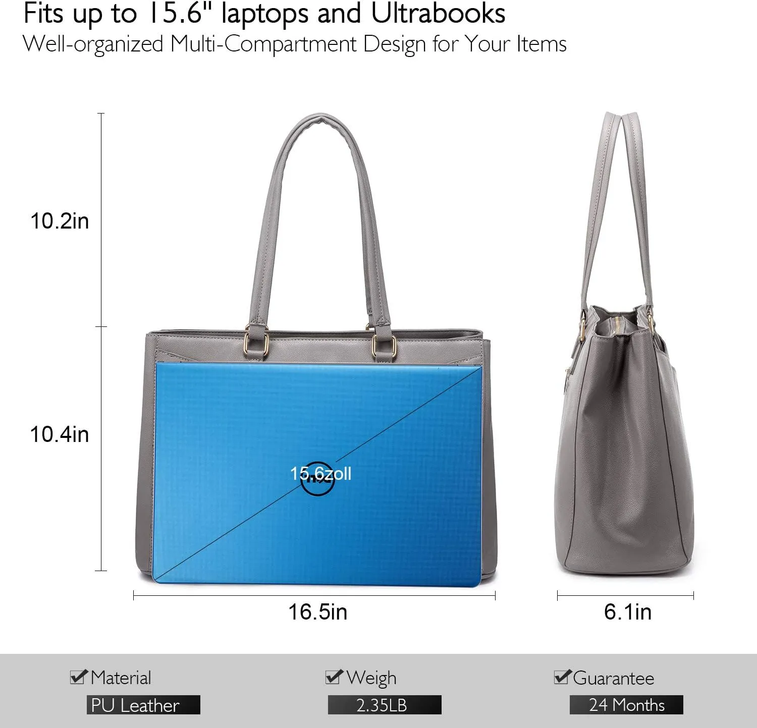 LOVEVOOK Laptop Tote Bag for Women 15.6 Inch Waterproof Leather Computer Bags Women Business Office Work Bag Briefcase Grey