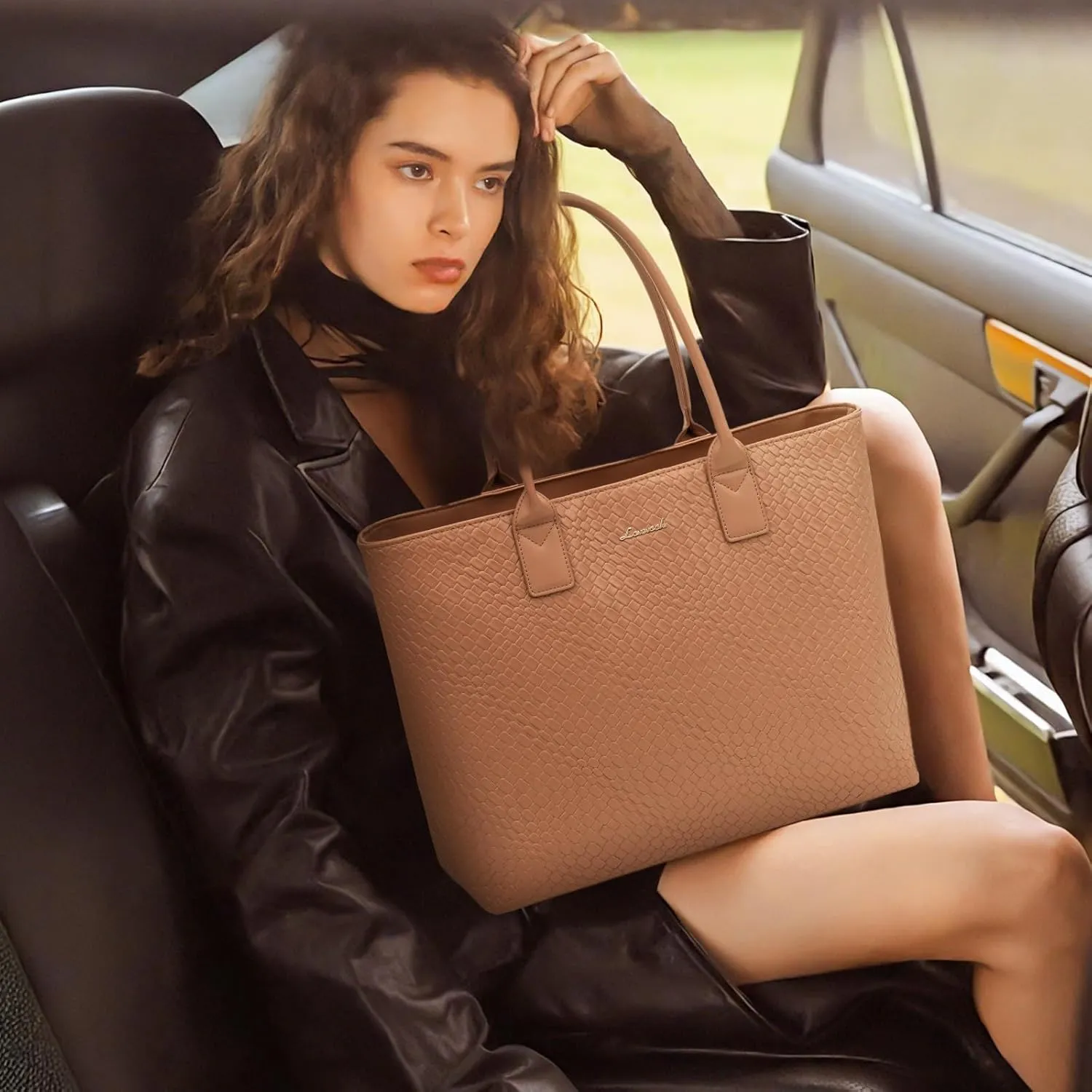 LOVEVOOK Laptop Tote Bag for Women 15.6 Inch, Woven-like PU Work Tote Briefcase for Office with Small Clutch, Light Brown