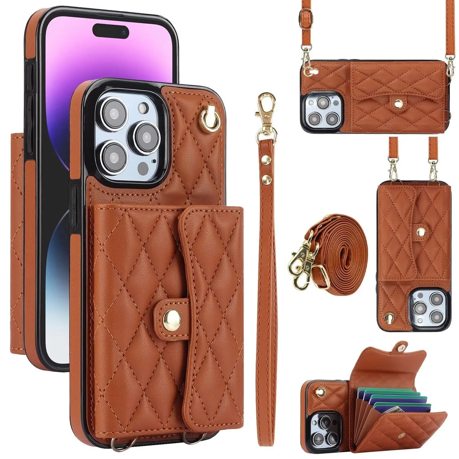 Luxury Quilted Cross-body Strap Wallet Case for iPhone 16 15 14 13 12 11 Pro Max Plus CC-18
