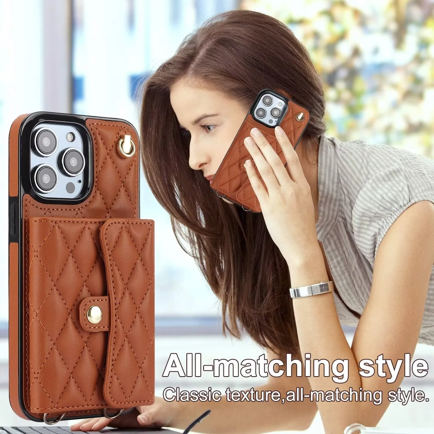 Luxury Quilted Cross-body Strap Wallet Case for iPhone 16 15 14 13 12 11 Pro Max Plus CC-18