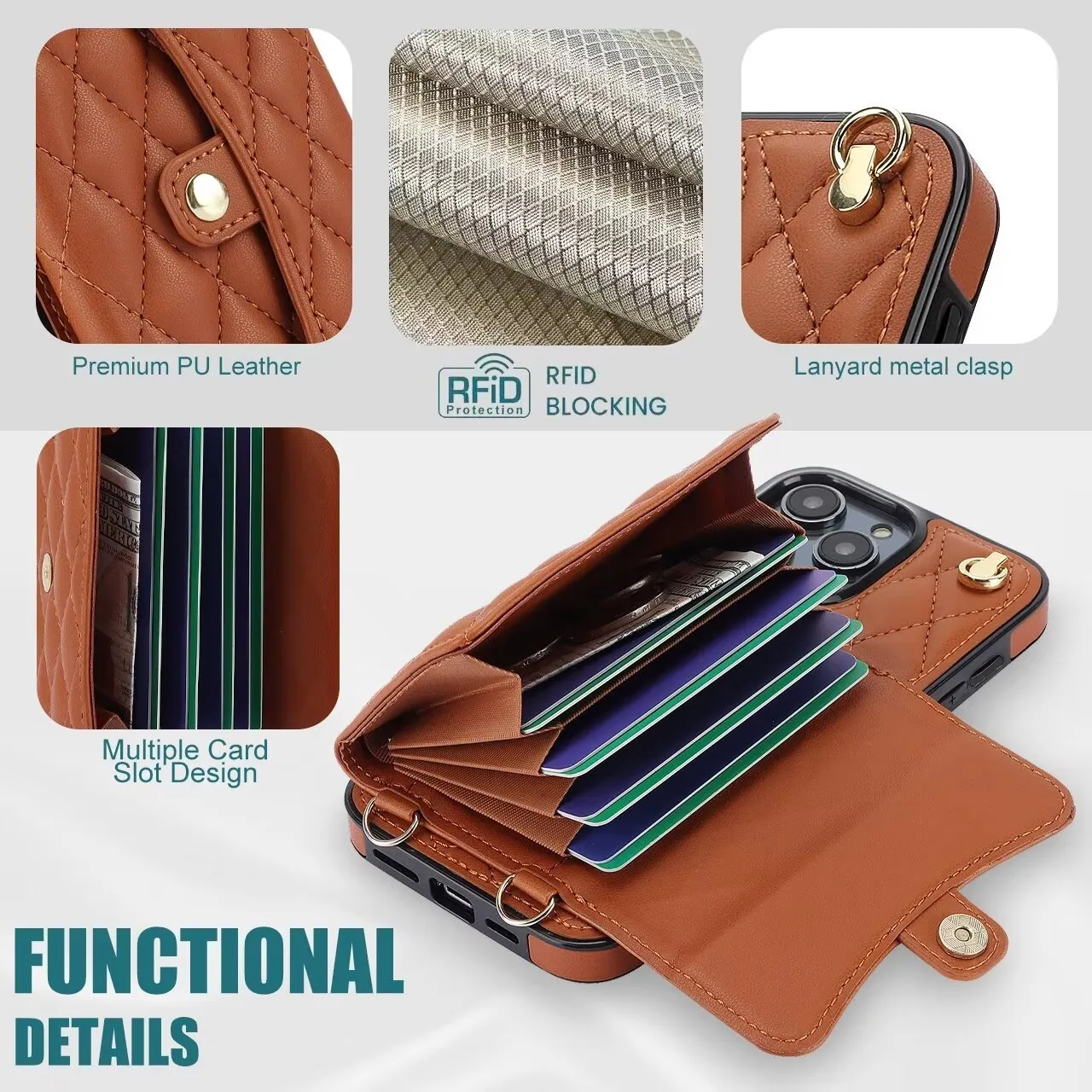 Luxury Quilted Cross-body Strap Wallet Case for iPhone 16 15 14 13 12 11 Pro Max Plus CC-18