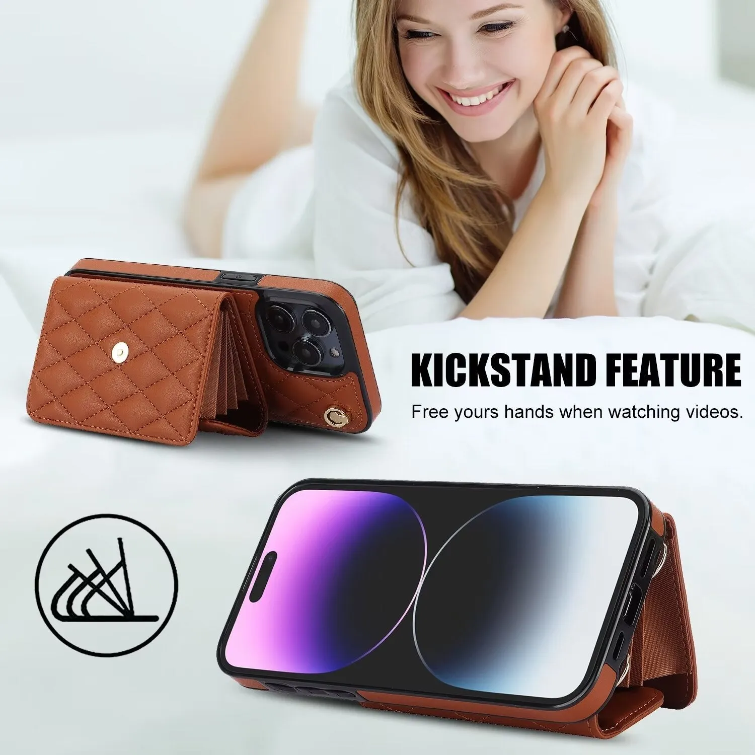 Luxury Quilted Cross-body Strap Wallet Case for iPhone 16 15 14 13 12 11 Pro Max Plus CC-18