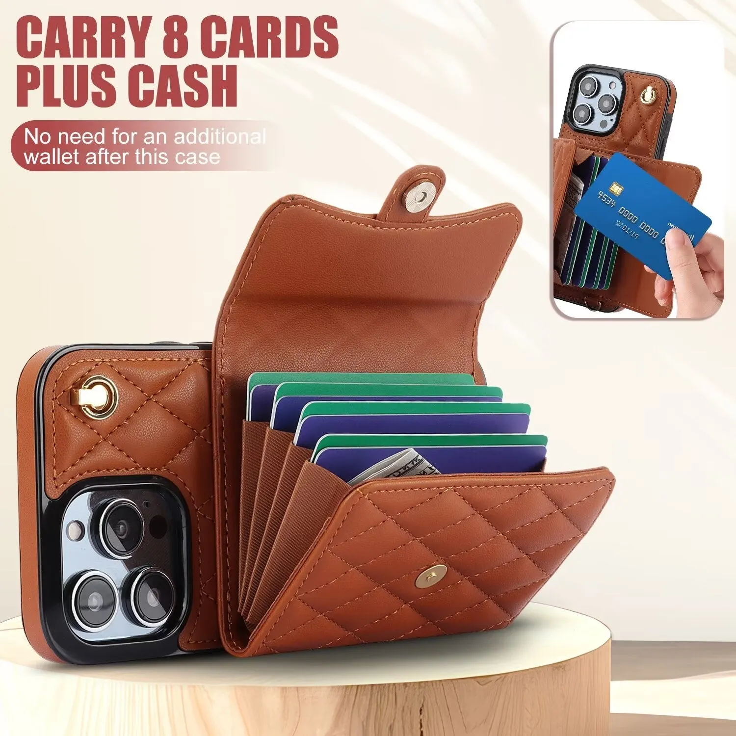 Luxury Quilted Cross-body Strap Wallet Case for iPhone 16 15 14 13 12 11 Pro Max Plus CC-18