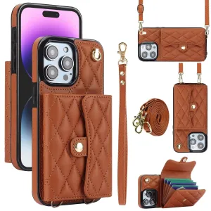 Luxury Quilted Cross-body Strap Wallet Case for iPhone 16 15 14 13 12 11 Pro Max Plus CC-18