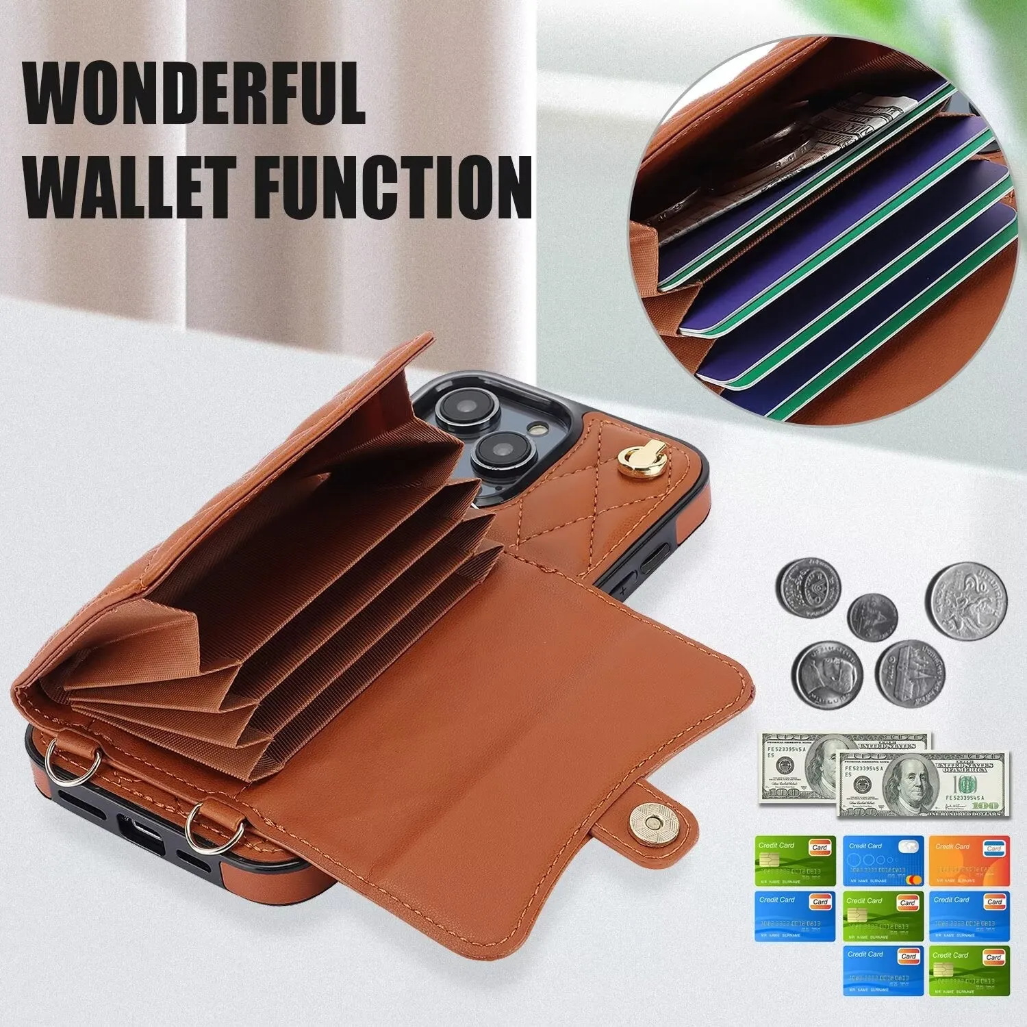 Luxury Quilted Cross-body Strap Wallet Case for iPhone 16 15 14 13 12 11 Pro Max Plus CC-18