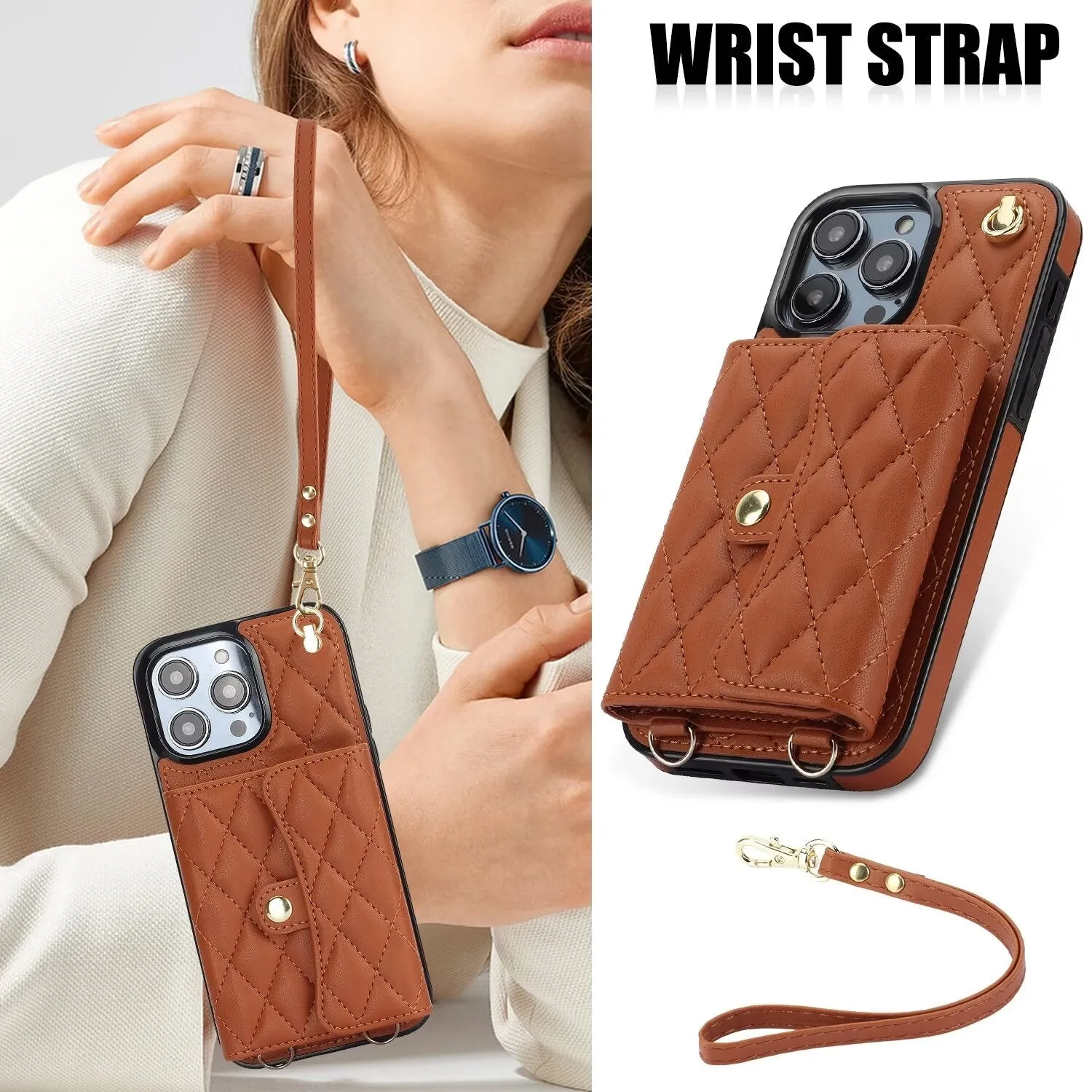 Luxury Quilted Cross-body Strap Wallet Case for iPhone 16 15 14 13 12 11 Pro Max Plus CC-18