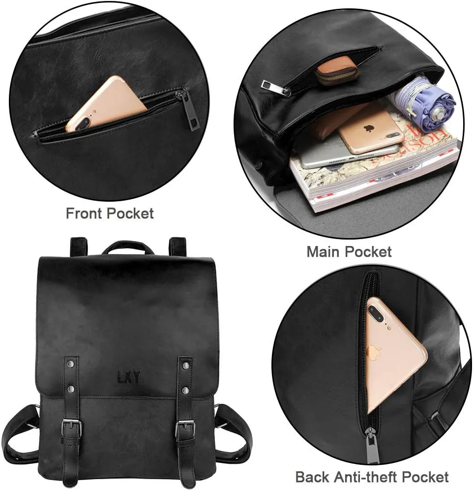 LXY Vegan Leather Backpack Vintage Laptop Bookbag for Women Men, Black Faux Leather Backpack Purse Bookbag Weekend Travel Daypack