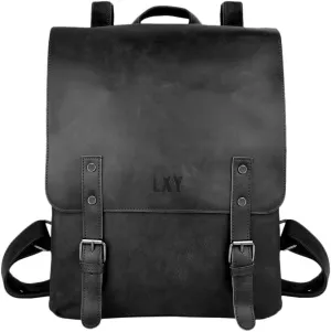 LXY Vegan Leather Backpack Vintage Laptop Bookbag for Women Men, Black Faux Leather Backpack Purse Bookbag Weekend Travel Daypack
