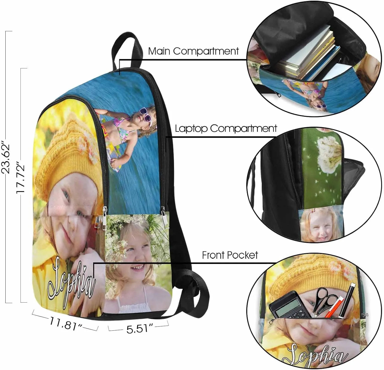 M YESCUSTOM Personalized Casual Backpack with Photos Customized Name Children School Bookbags for Kids Teen Audlt, Knapsack Lightweight Travel Daypack Bag for School College Camping