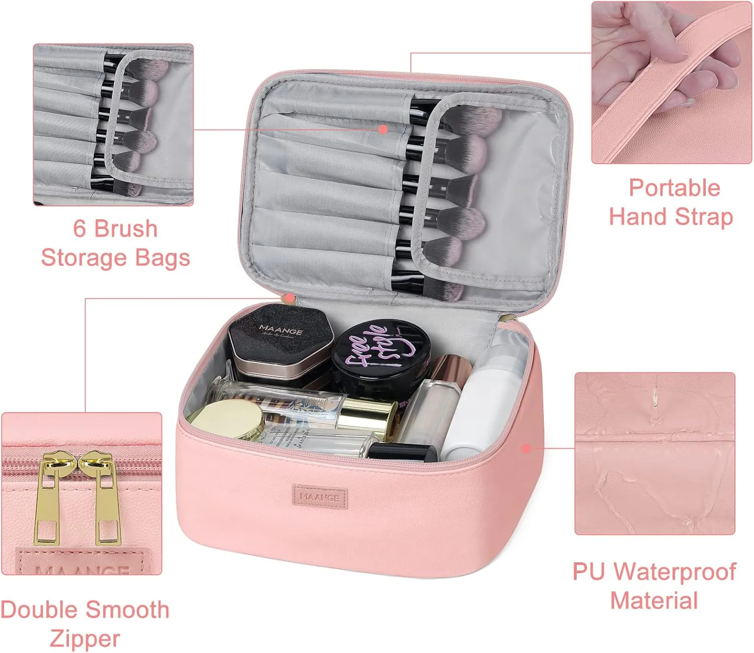 MAANGE Travel Makeup Bag - Large Makeup Bag with 2pcs Small Makeup Bag Portable Leather Cosmetic Bag Toiletry Bag Make Up Bags for Women and Girls (Pink)