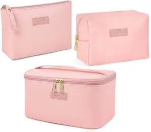 MAANGE Travel Makeup Bag - Large Makeup Bag with 2pcs Small Makeup Bag Portable Leather Cosmetic Bag Toiletry Bag Make Up Bags for Women and Girls (Pink)