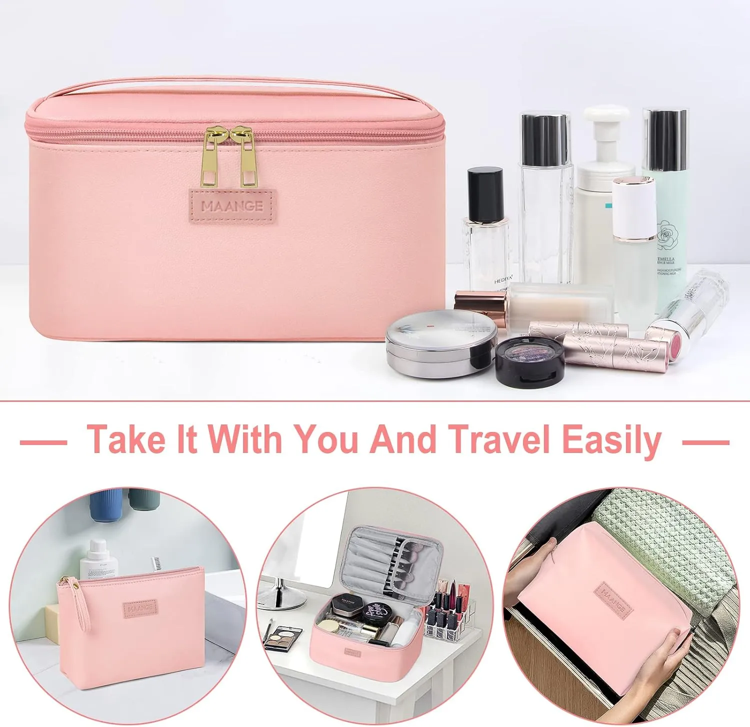MAANGE Travel Makeup Bag - Large Makeup Bag with 2pcs Small Makeup Bag Portable Leather Cosmetic Bag Toiletry Bag Make Up Bags for Women and Girls (Pink)