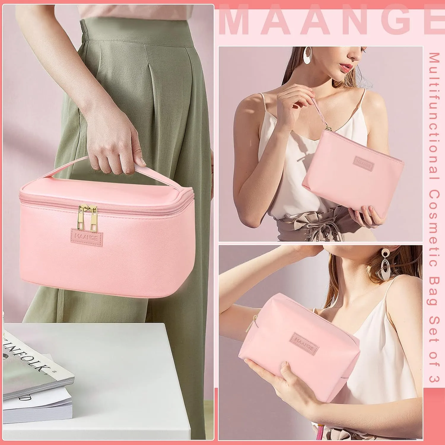 MAANGE Travel Makeup Bag - Large Makeup Bag with 2pcs Small Makeup Bag Portable Leather Cosmetic Bag Toiletry Bag Make Up Bags for Women and Girls (Pink)