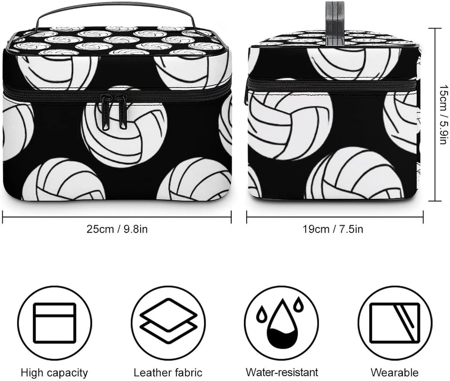 Make Up Bags Black And White Volleyball Ball Cosmetics Organizer Case for Women, Travel Toiletry Brushes Storage Bag with Carry Handle