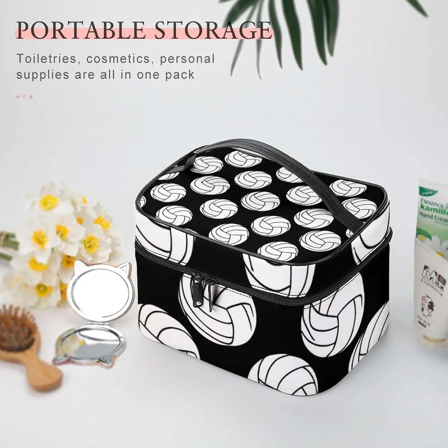 Make Up Bags Black And White Volleyball Ball Cosmetics Organizer Case for Women, Travel Toiletry Brushes Storage Bag with Carry Handle