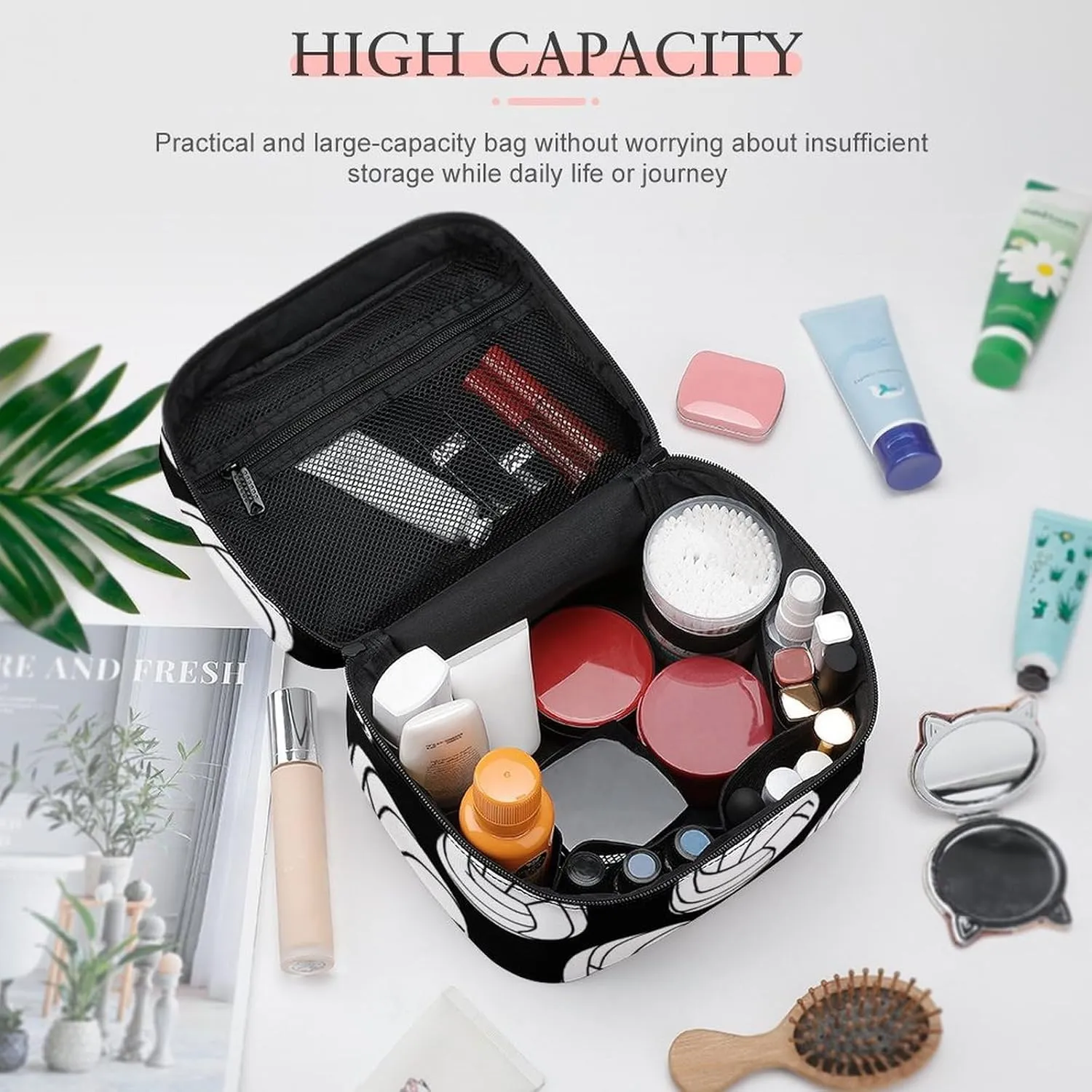 Make Up Bags Black And White Volleyball Ball Cosmetics Organizer Case for Women, Travel Toiletry Brushes Storage Bag with Carry Handle