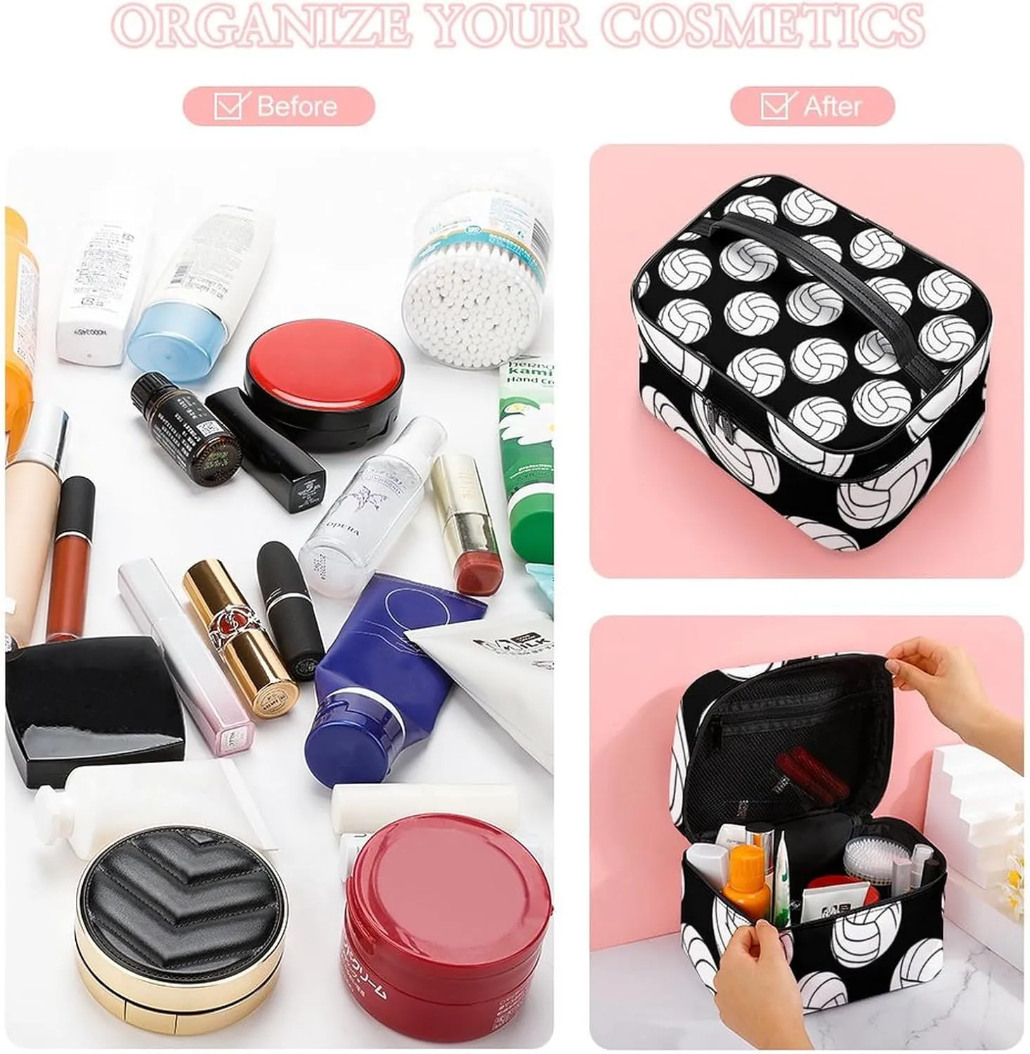 Make Up Bags Black And White Volleyball Ball Cosmetics Organizer Case for Women, Travel Toiletry Brushes Storage Bag with Carry Handle
