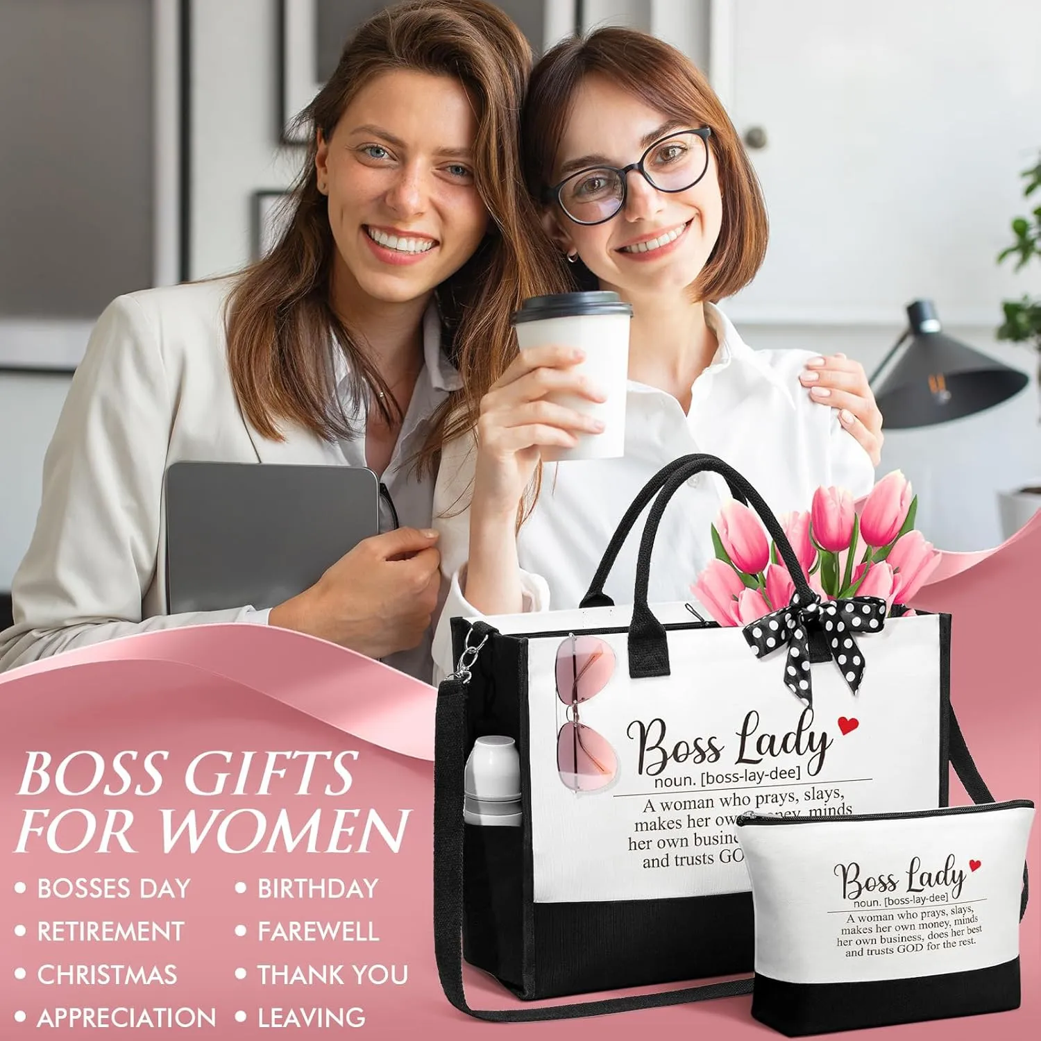 MAYICIVO Bosses Day Gifts for Her Women, Boss Lady Gifts - Canvas Tote Bag Makeup Bag