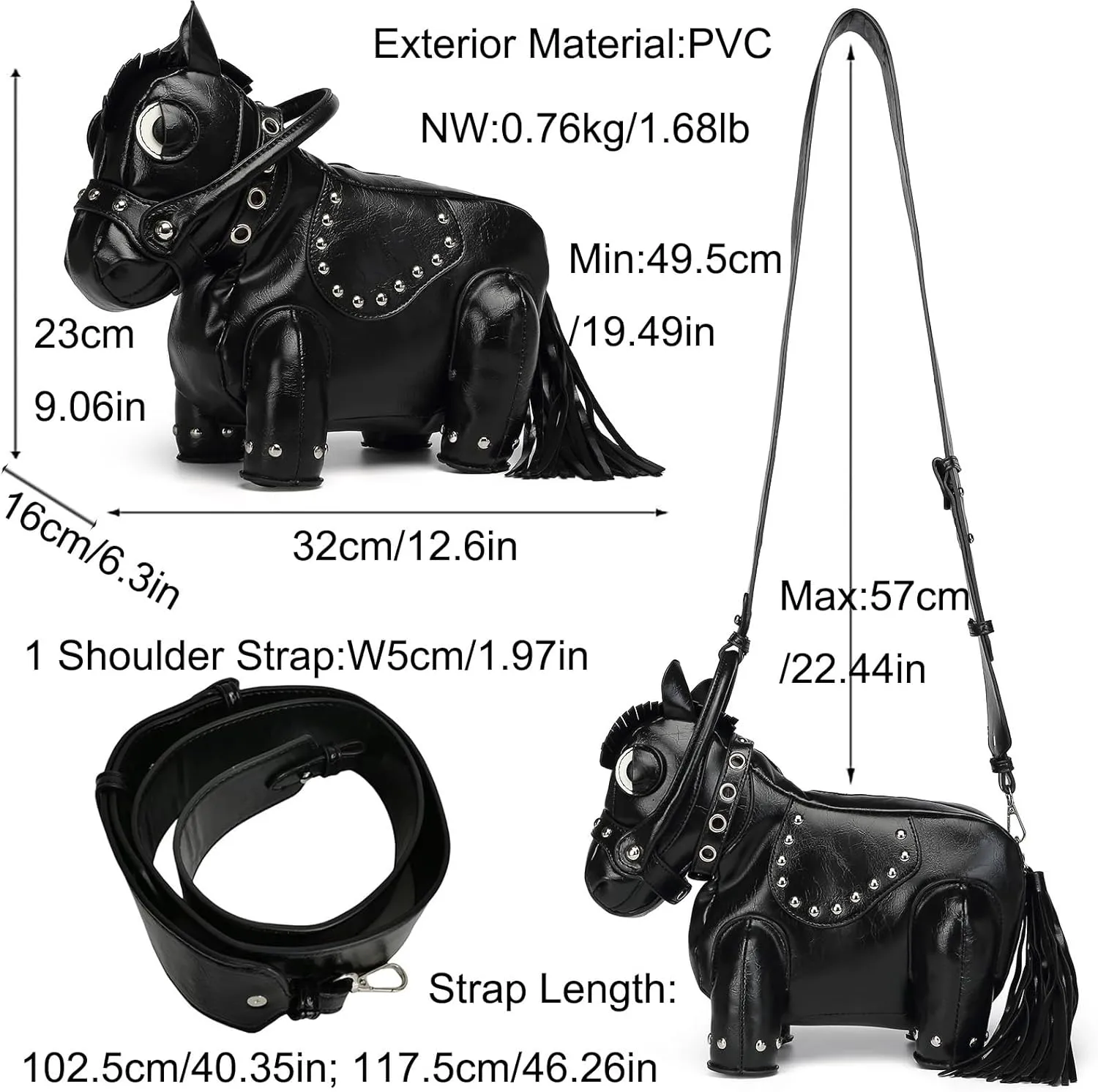Men and Women Fun Horse Shaped Crossbody Shoulder Bag Handbag PVC Unique Novelty Horse Purse