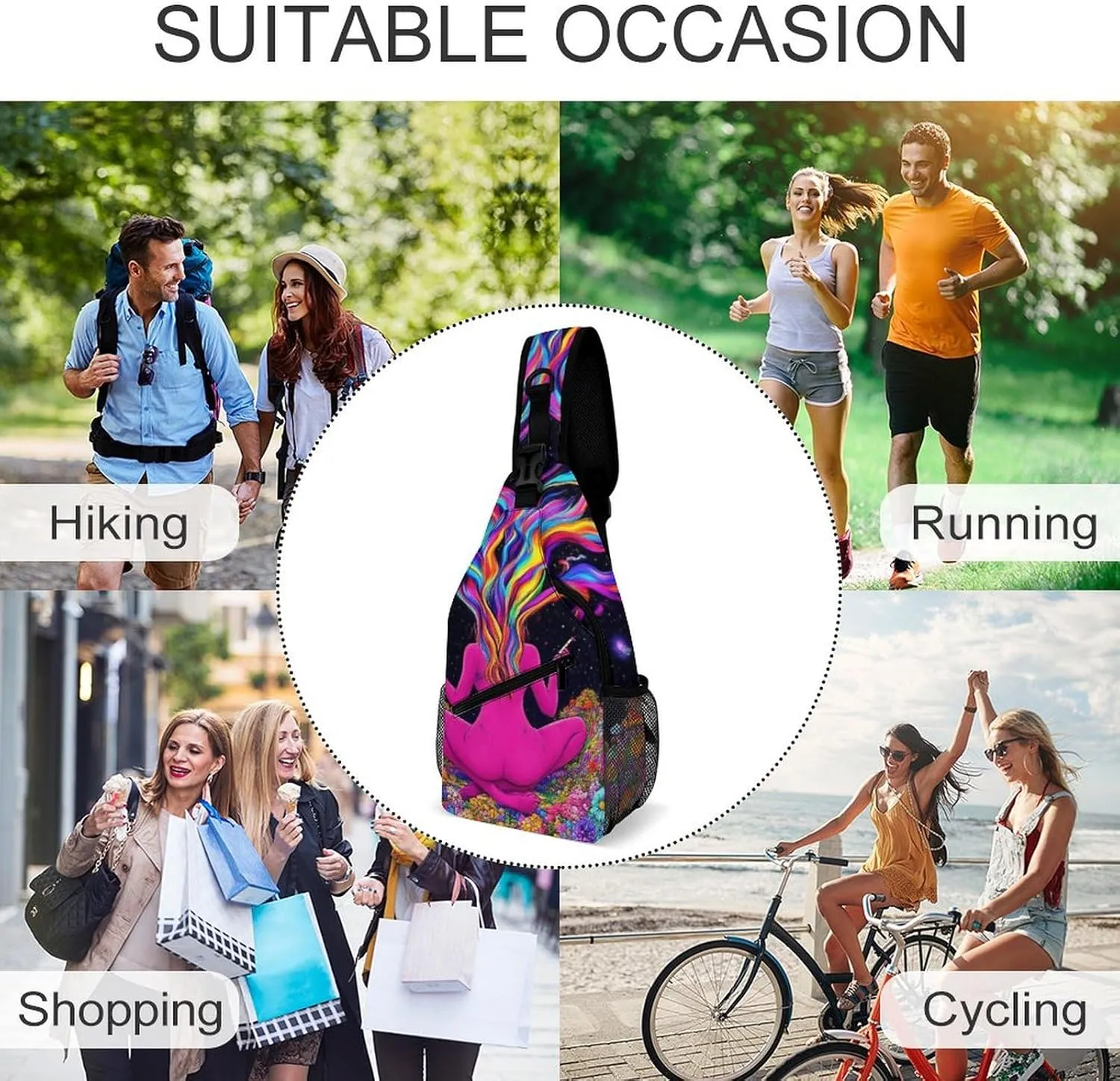 Men Women Casual Sling Bag, Trippy Galaxy Girl Rainbow Mushroom Flowers Floral Art Crossbody Chest Bag, Large Capacity Shoulder Bag Adjustable Gym Hiking Daypack