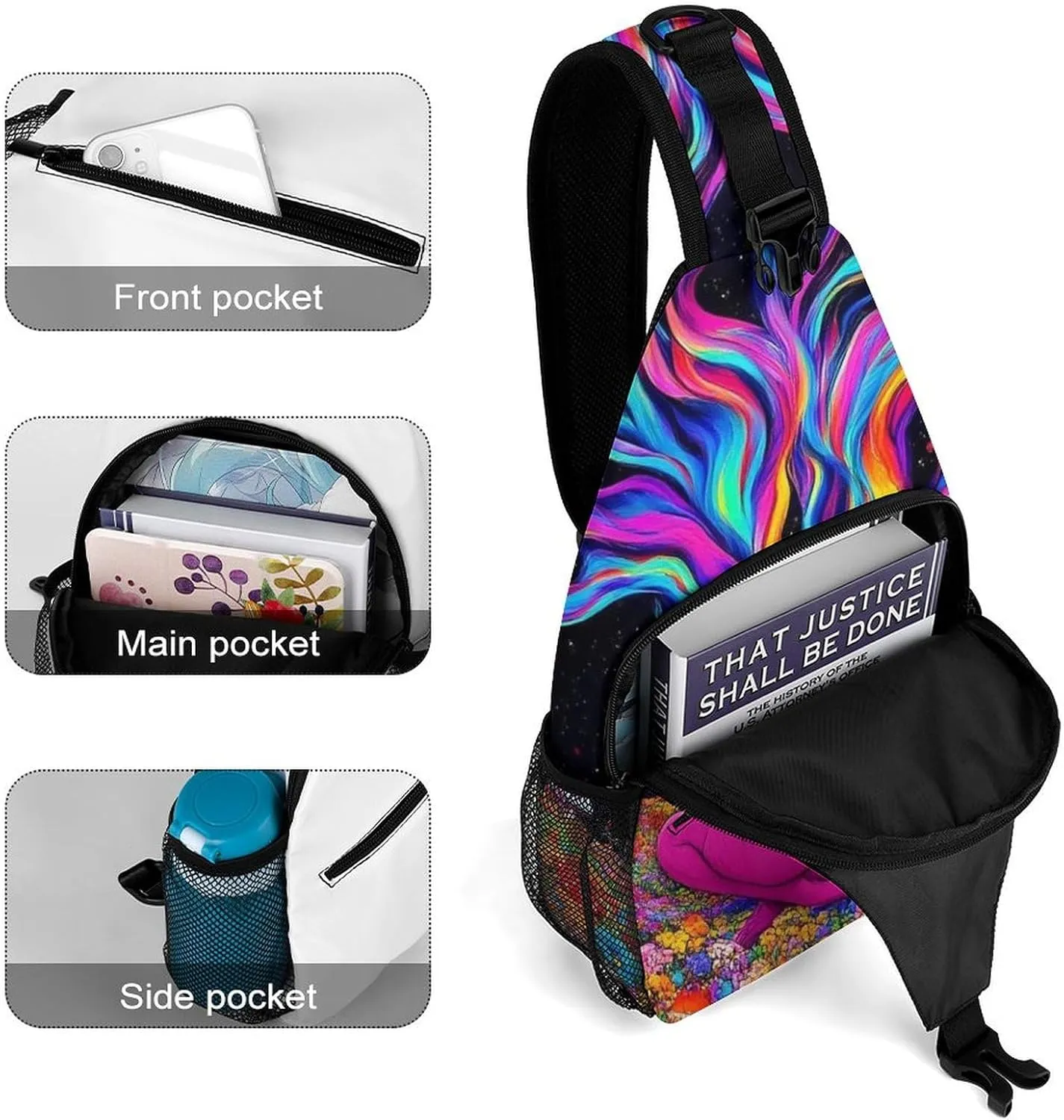 Men Women Casual Sling Bag, Trippy Galaxy Girl Rainbow Mushroom Flowers Floral Art Crossbody Chest Bag, Large Capacity Shoulder Bag Adjustable Gym Hiking Daypack