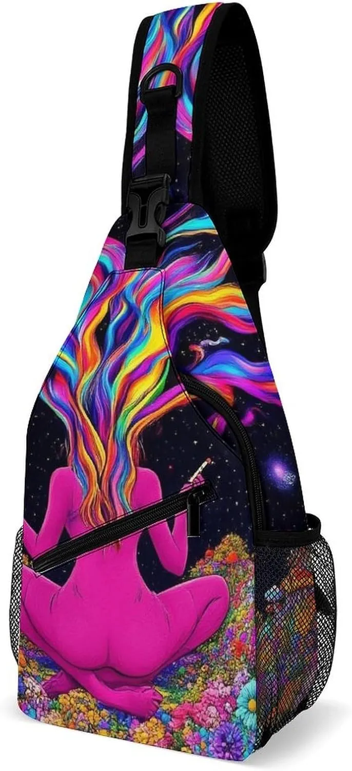 Men Women Casual Sling Bag, Trippy Galaxy Girl Rainbow Mushroom Flowers Floral Art Crossbody Chest Bag, Large Capacity Shoulder Bag Adjustable Gym Hiking Daypack