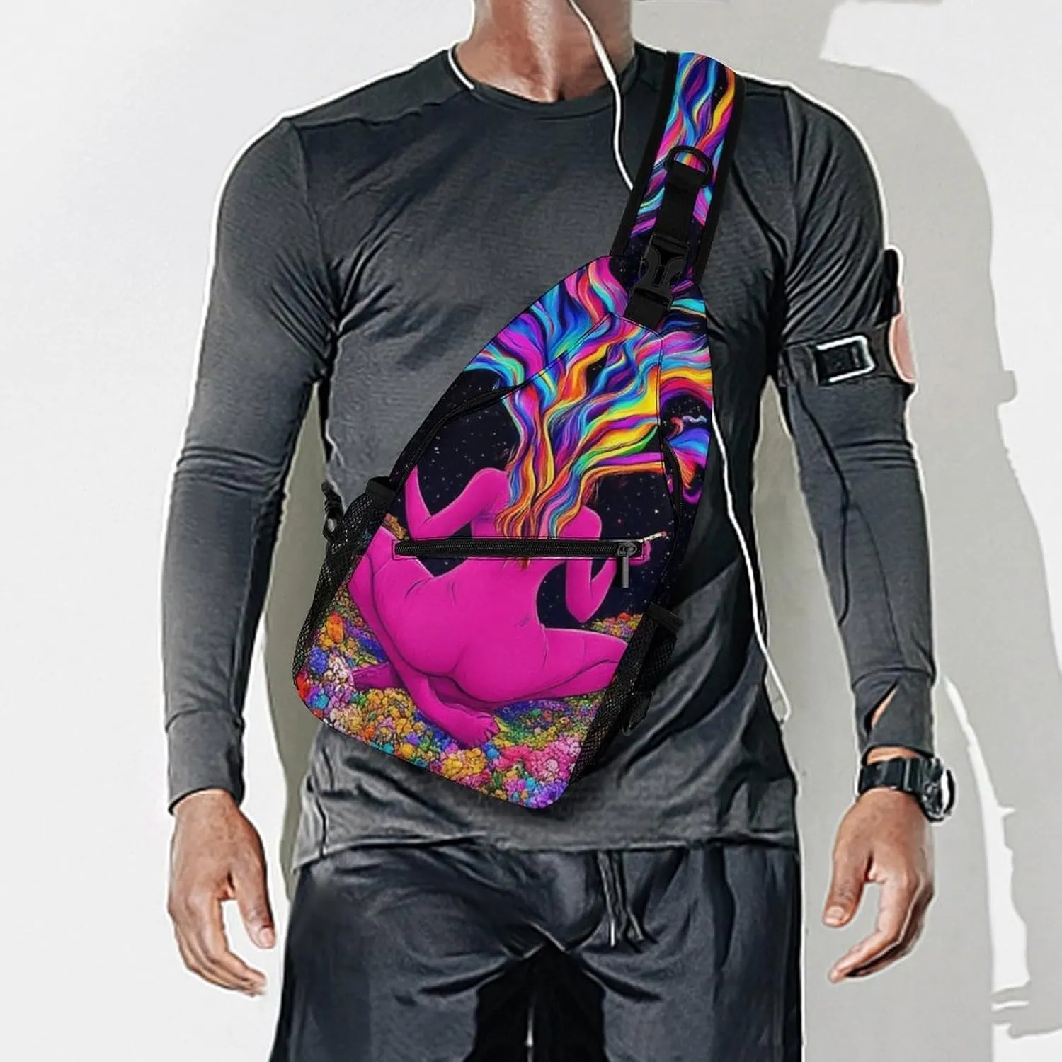 Men Women Casual Sling Bag, Trippy Galaxy Girl Rainbow Mushroom Flowers Floral Art Crossbody Chest Bag, Large Capacity Shoulder Bag Adjustable Gym Hiking Daypack