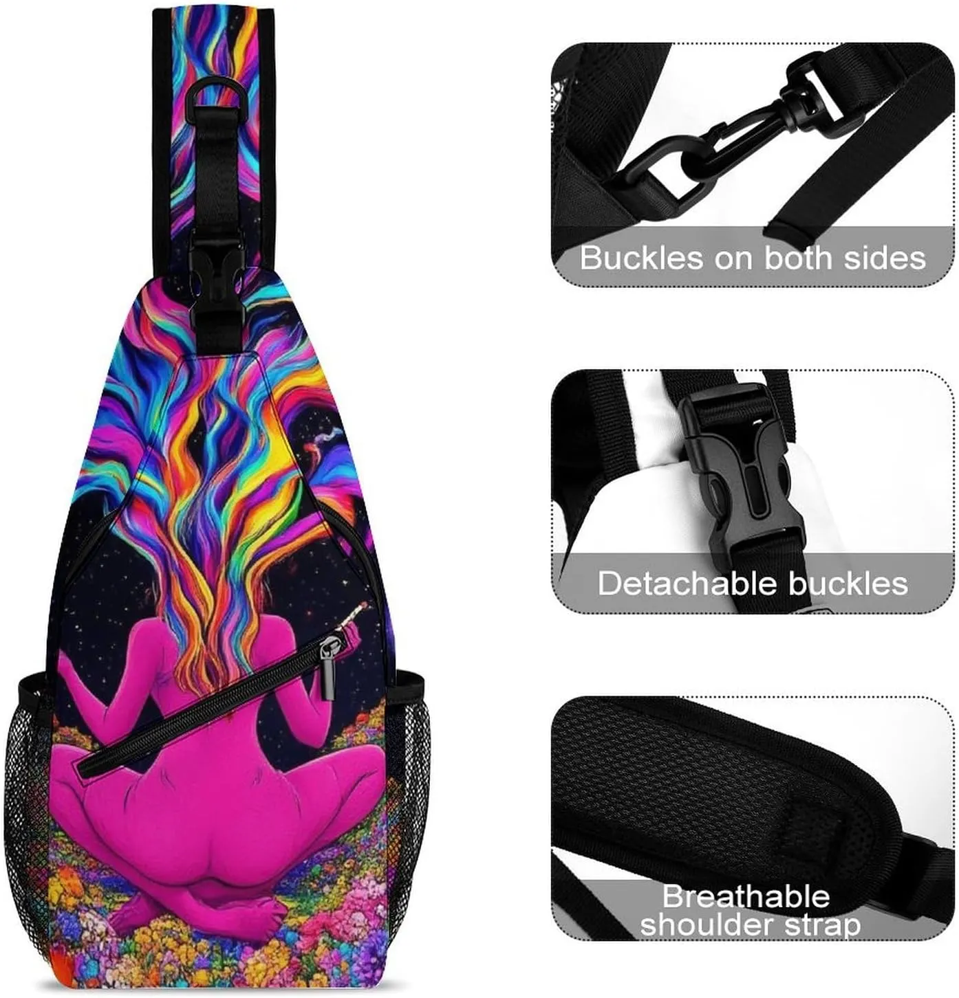 Men Women Casual Sling Bag, Trippy Galaxy Girl Rainbow Mushroom Flowers Floral Art Crossbody Chest Bag, Large Capacity Shoulder Bag Adjustable Gym Hiking Daypack