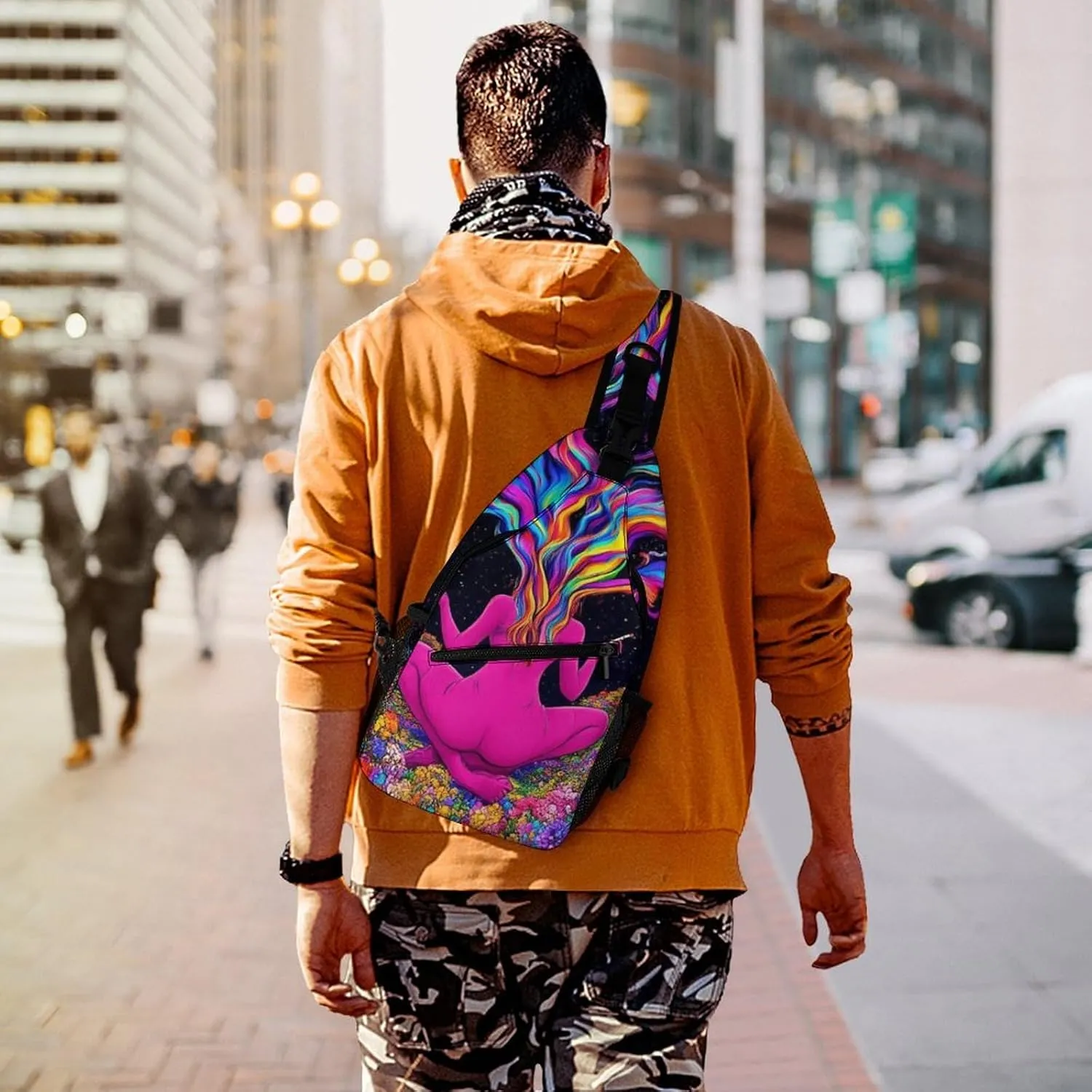 Men Women Casual Sling Bag, Trippy Galaxy Girl Rainbow Mushroom Flowers Floral Art Crossbody Chest Bag, Large Capacity Shoulder Bag Adjustable Gym Hiking Daypack