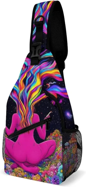 Men Women Casual Sling Bag, Trippy Galaxy Girl Rainbow Mushroom Flowers Floral Art Crossbody Chest Bag, Large Capacity Shoulder Bag Adjustable Gym Hiking Daypack