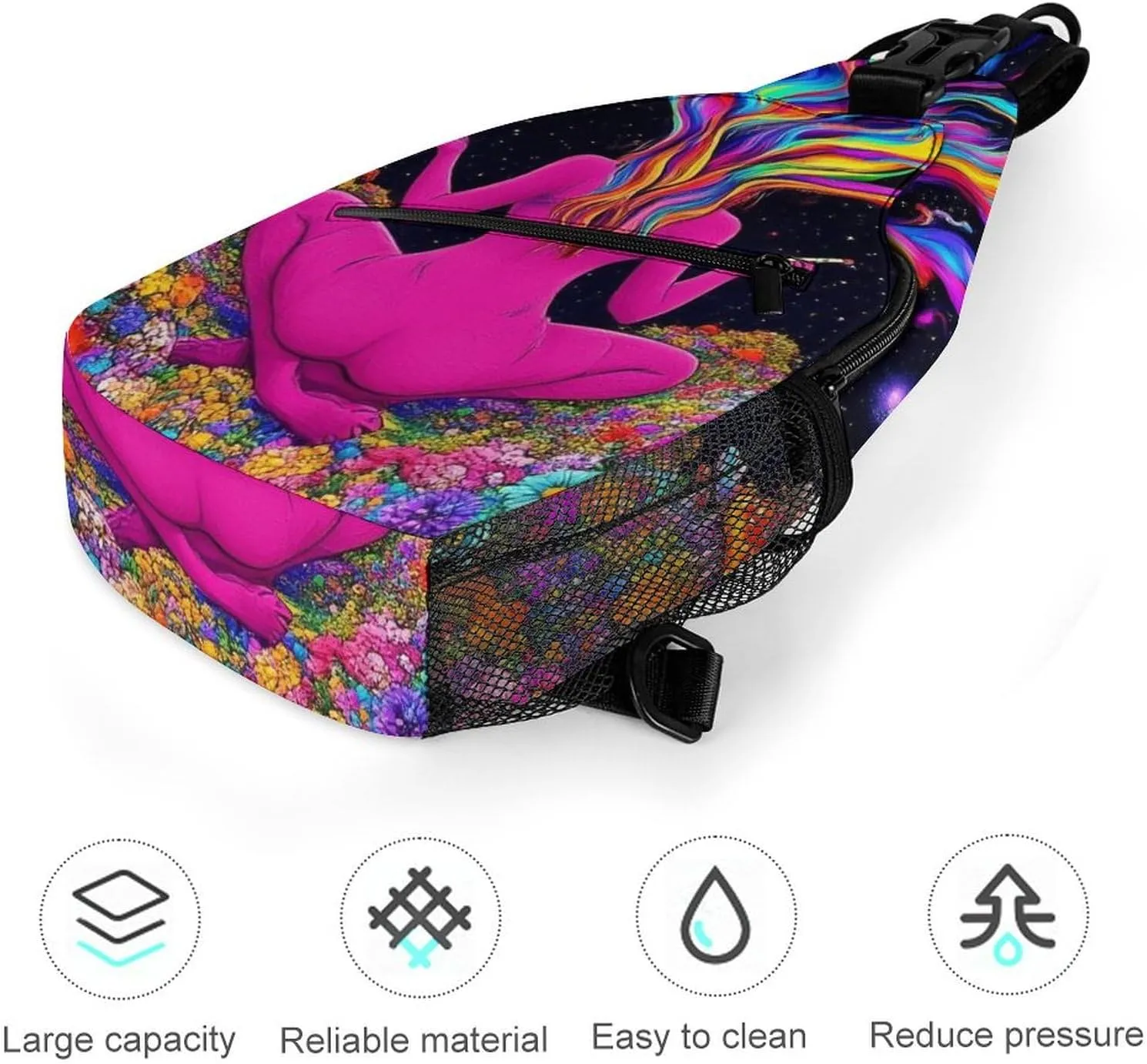 Men Women Casual Sling Bag, Trippy Galaxy Girl Rainbow Mushroom Flowers Floral Art Crossbody Chest Bag, Large Capacity Shoulder Bag Adjustable Gym Hiking Daypack