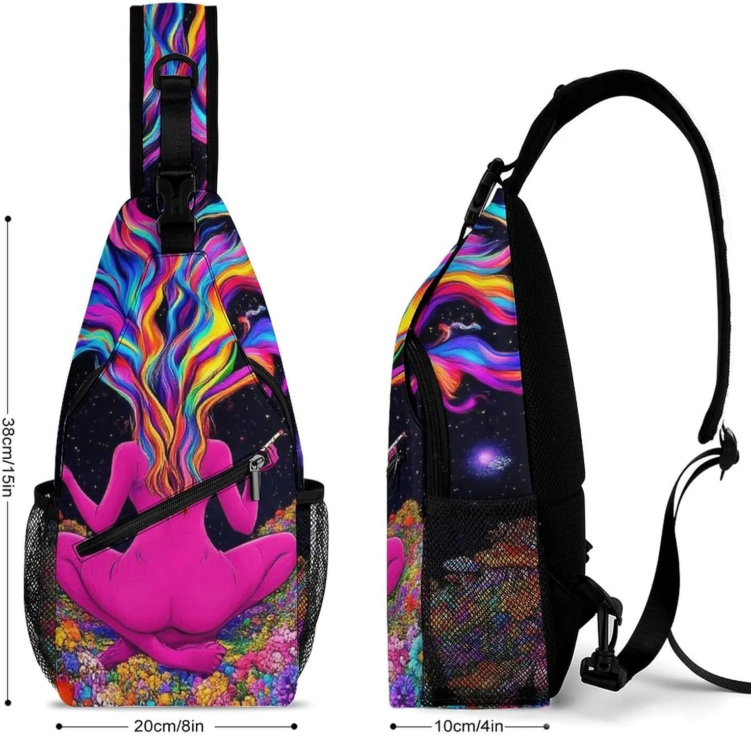 Men Women Casual Sling Bag, Trippy Galaxy Girl Rainbow Mushroom Flowers Floral Art Crossbody Chest Bag, Large Capacity Shoulder Bag Adjustable Gym Hiking Daypack